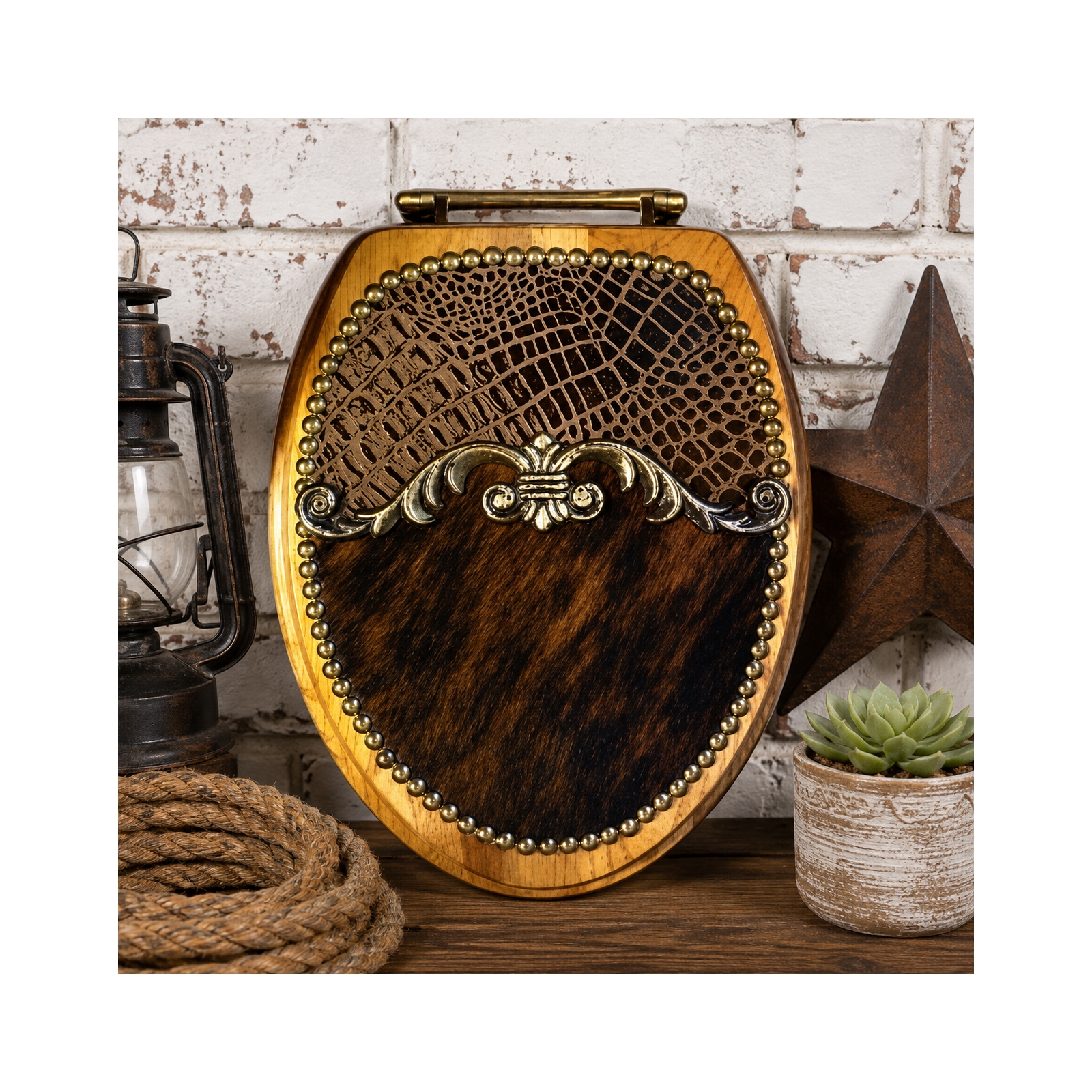 Classic Scroll Leather Cowhide Western Toilet Seat